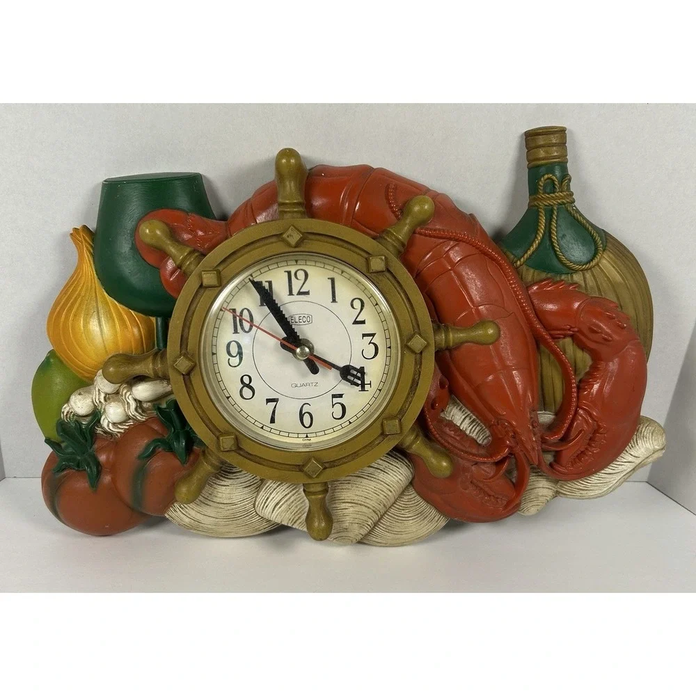 VTG ELECO Kitchen Wall Clock Quartz Lobster Veggies Ship Wheel Tested/Working